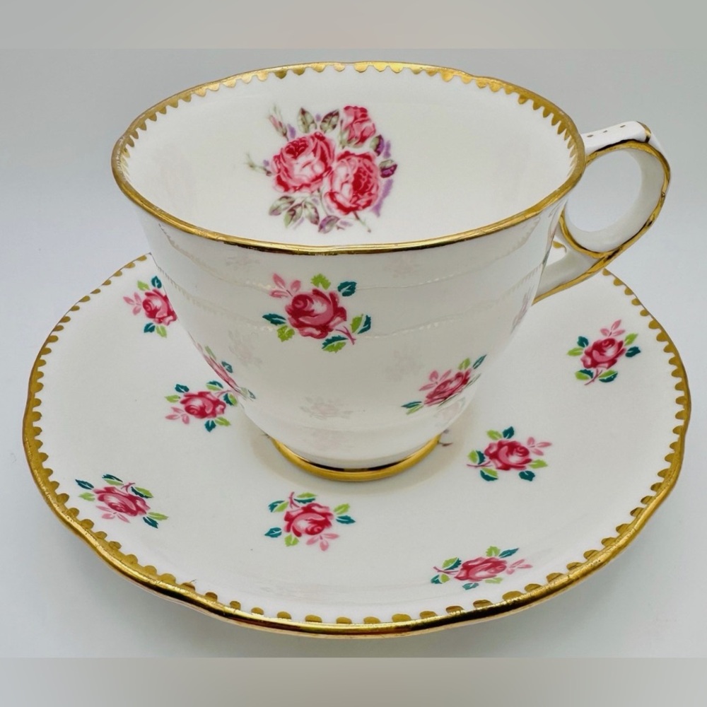 Vintage Royal Stafford Cup & Saucer Set "Tudor Rose" Pink Rosette Gold Teacup